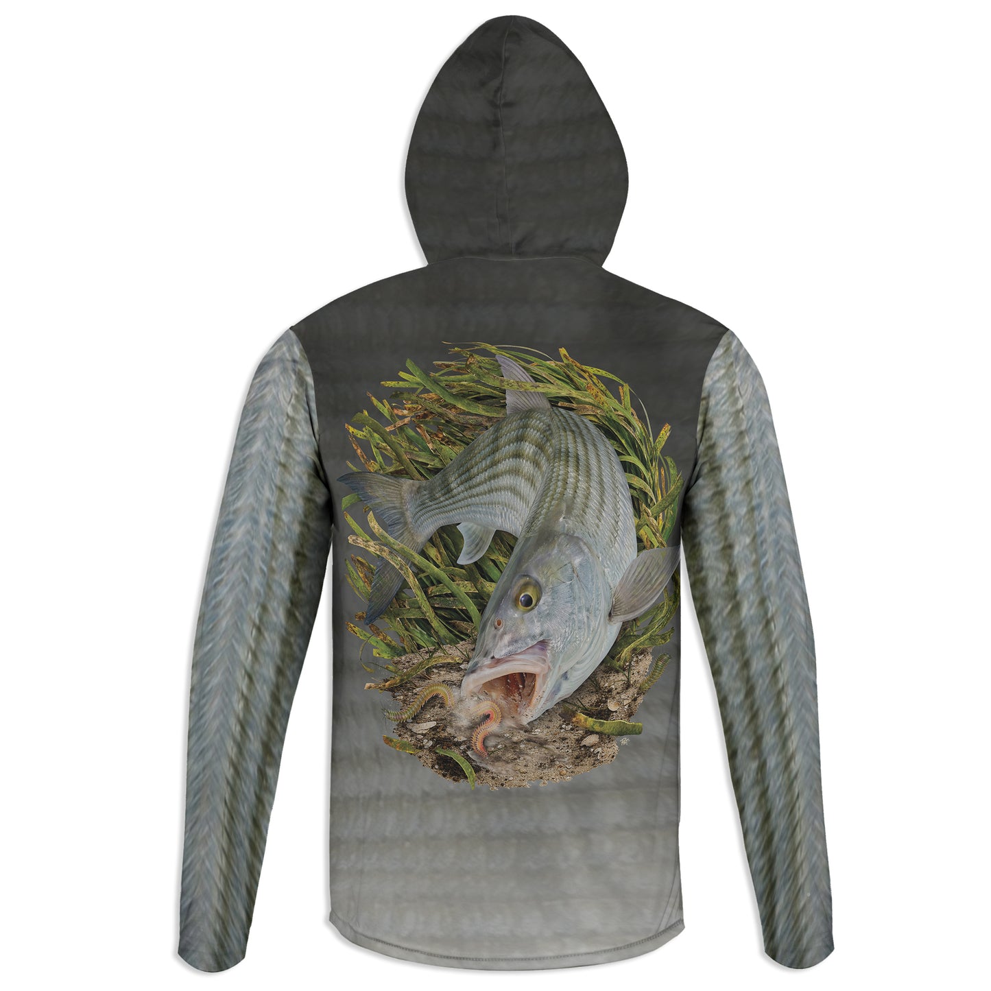 Bonefish and Worm  - Unisex Long Sleeve Sun Proof Performance Fishing Top with built in Hoodie and Gaiter (short sleeve option also available)