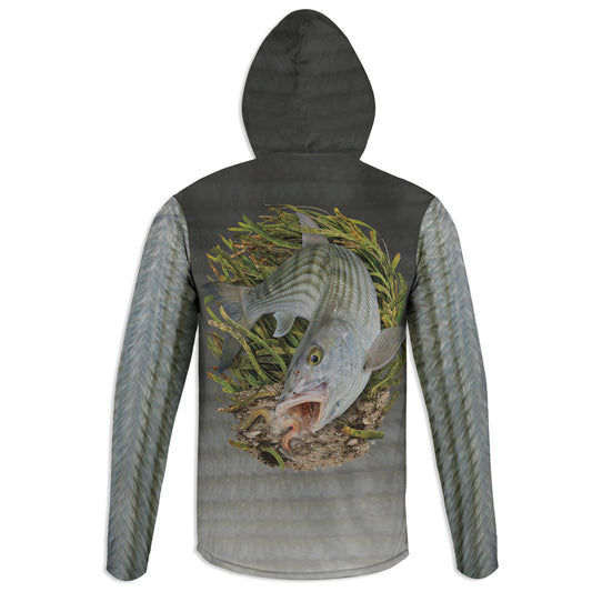 Bonefish and Worm  - Unisex Long Sleeve Sun Proof Performance Fishing Top with built in Hoodie and Gaiter (short sleeve option also available)