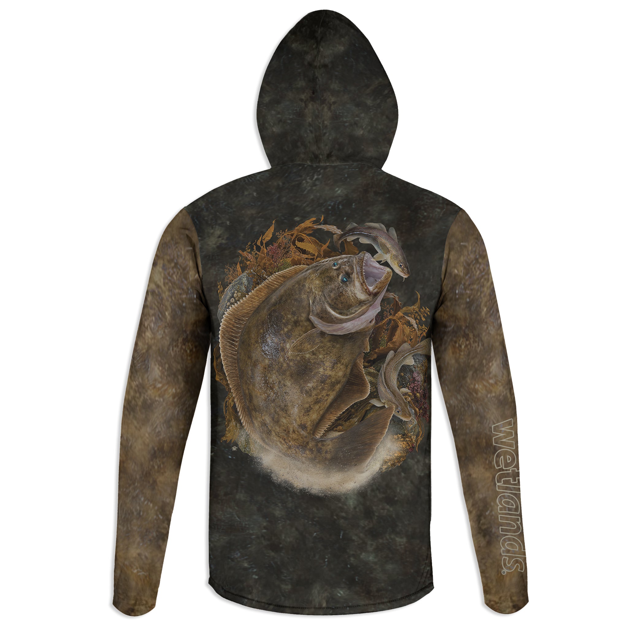 Alaskan Halibut  - Unisex Long Sleeve Sun Proof Performance Fishing Top with built in Hoodie and Gaiter (short sleeve option also available)