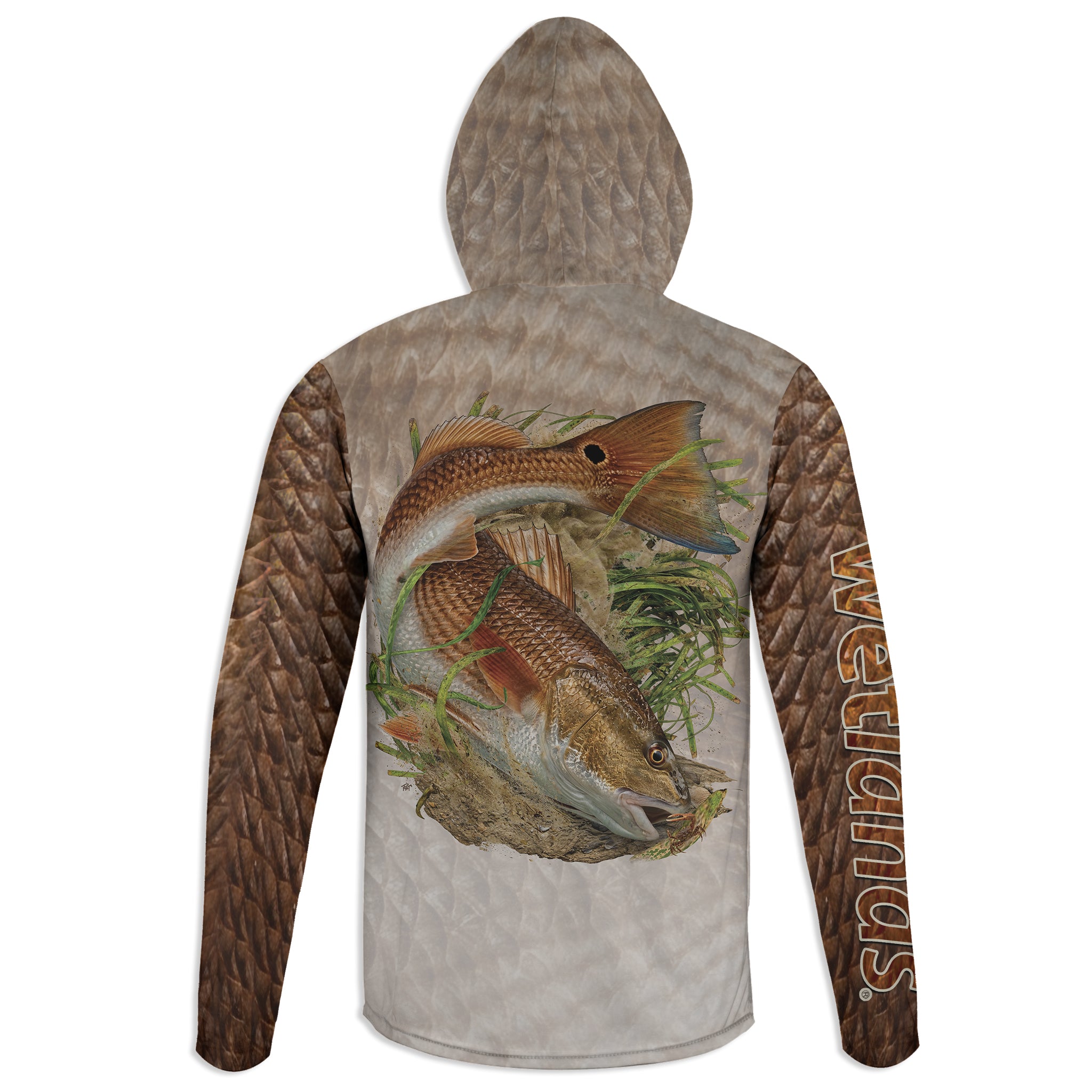 Mudding Redfish - Unisex Long Sleeve Sun Proof Performance Fishing Top with built in Hoodie and Gaiter (short sleeve option also available)
