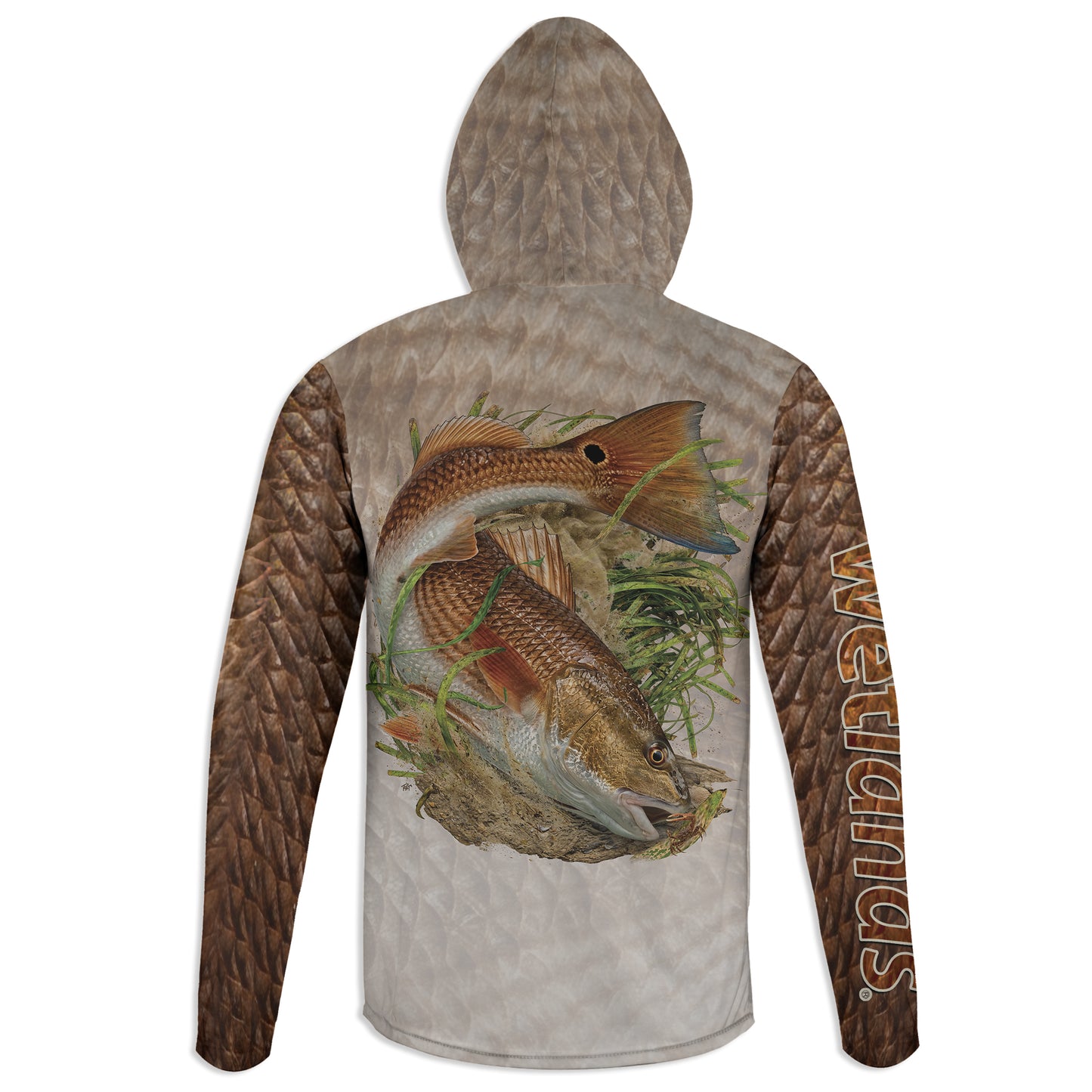 Mudding Redfish - Unisex Long Sleeve Sun Proof Performance Fishing Top with built in Hoodie and Gaiter (short sleeve option also available)