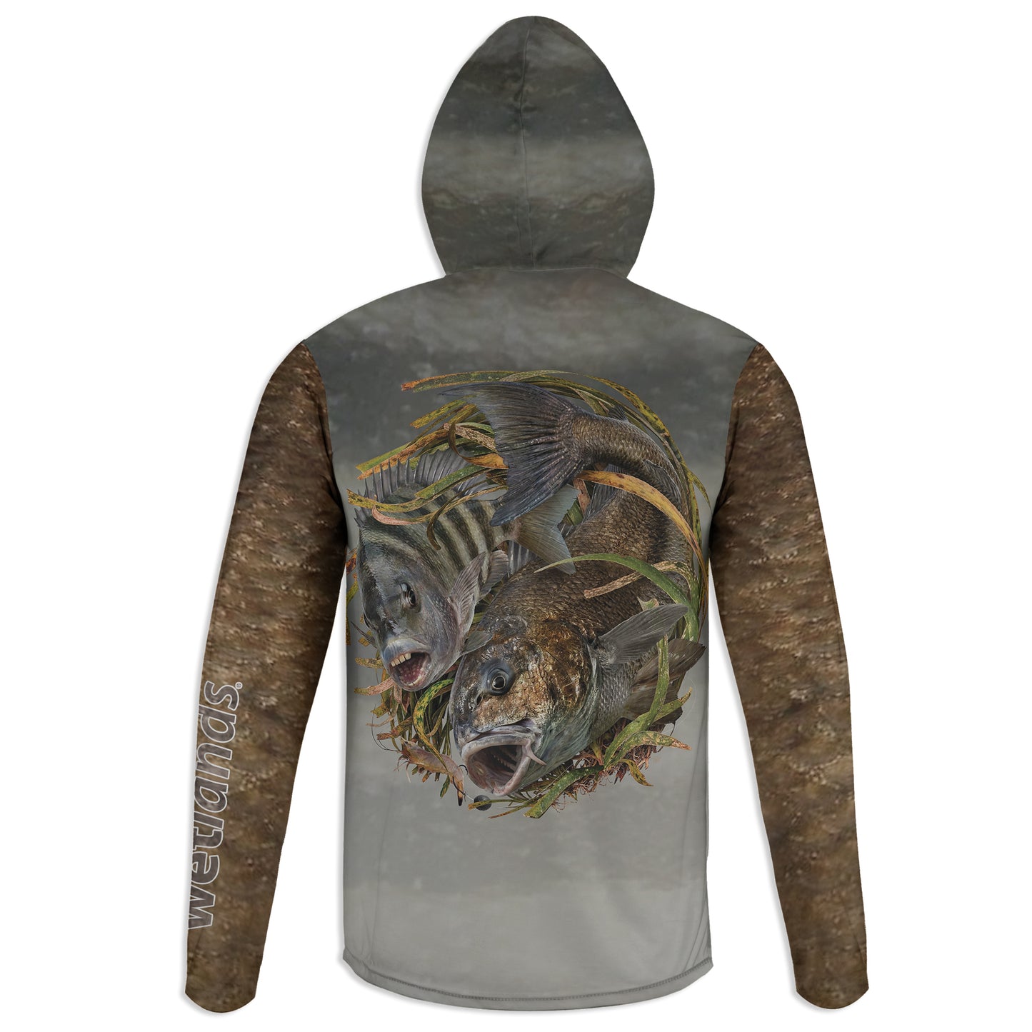 Black Drum and Sheepshead - Unisex Long Sleeve Sun Proof Performance Fishing Top with built in Hoodie and Gaiter (short sleeve option also available)