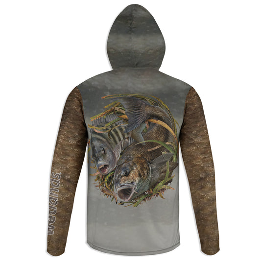 Black Drum and Sheepshead - Unisex Long Sleeve Sun Proof Performance Fishing Top with built in Hoodie and Gaiter (short sleeve option also available)
