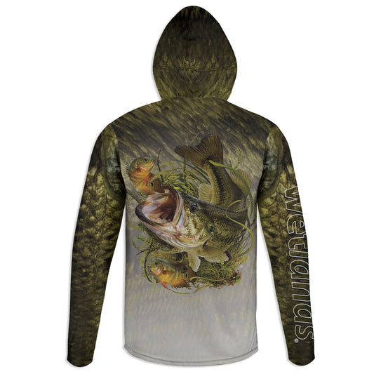Bass and Mayan CIchlids- Unisex Long Sleeve Sun Proof Performance Fishing Top with built in Hoodie and Gaiter (short sleeve option also available)