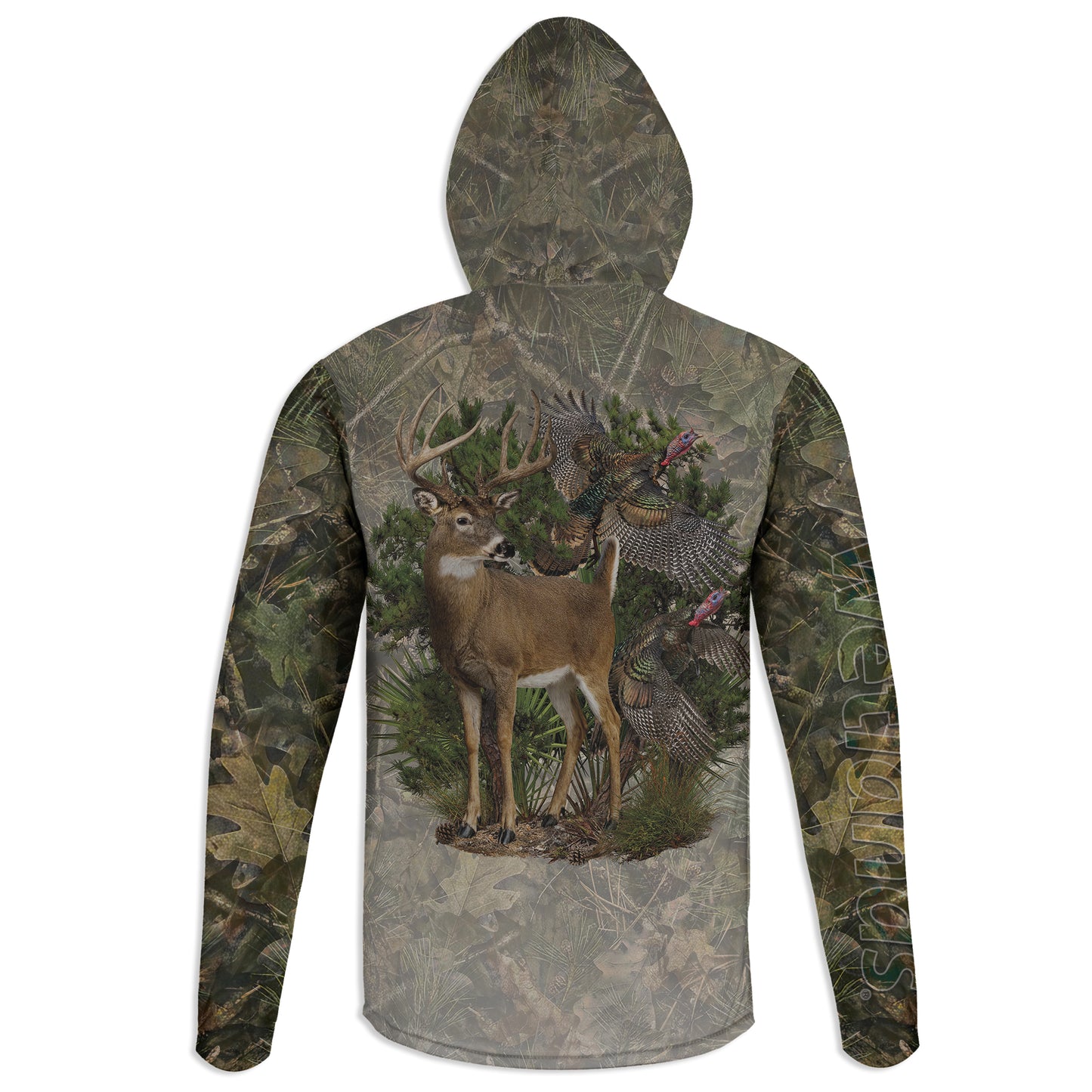 Buck and Turkeys - Unisex Long Sleeve Sun Proof Performance Fishing Top with built in Hoodie (short sleeve option also available)
