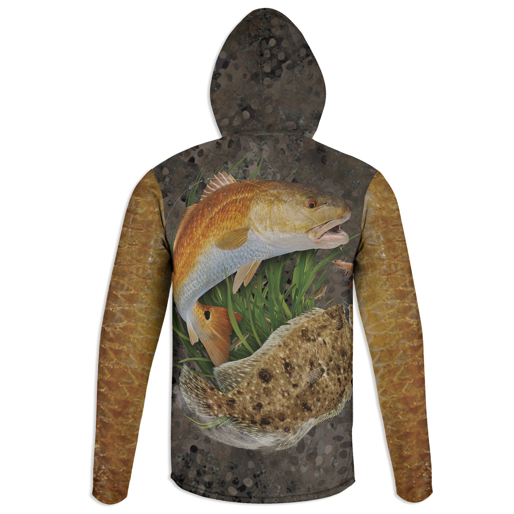 Redfish and Flounder - Unisex Long Sleeve Sun Proof Performance Fishing Top with built in Hoodie and Gaiter (short sleeve option also available)