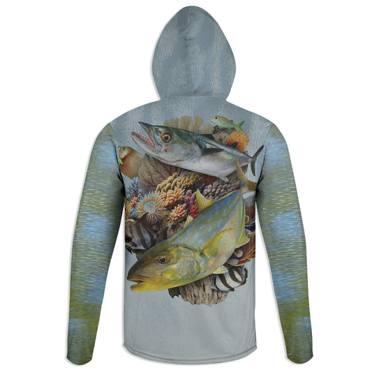 Yellow Jack and Cero- Unisex Long Sleeve Sun Proof Performance Fishing Top with built in Hoodie and Gaiter (short sleeve option also available)