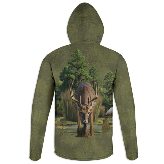 Watering Hole - Unisex Long Sleeve Sun Proof Performance Fishing Top with built in Hoodie (short sleeve option also available)