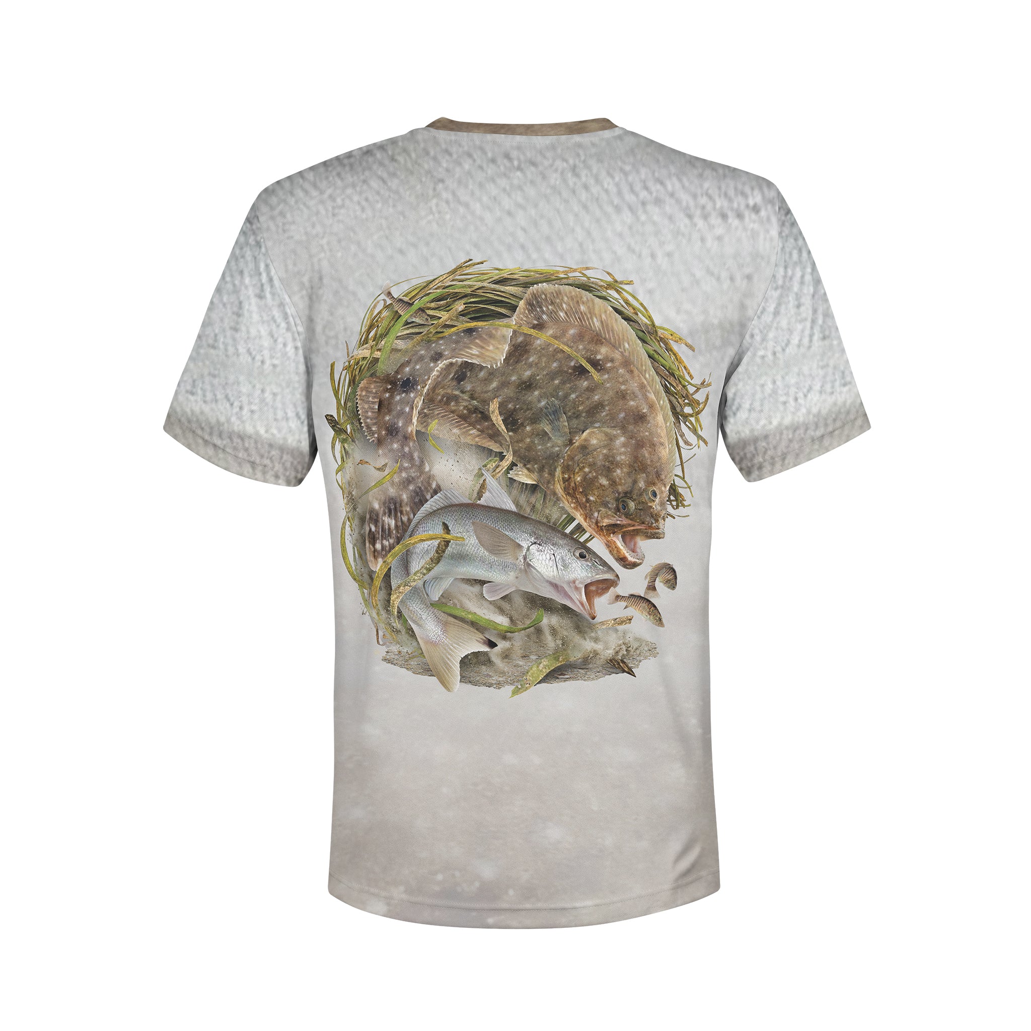 Flounder and Whiting - Unisex Long Sleeve Sun Proof Performance Fishing Top with built in Hoodie and Gaiter (short sleeve option also available)
