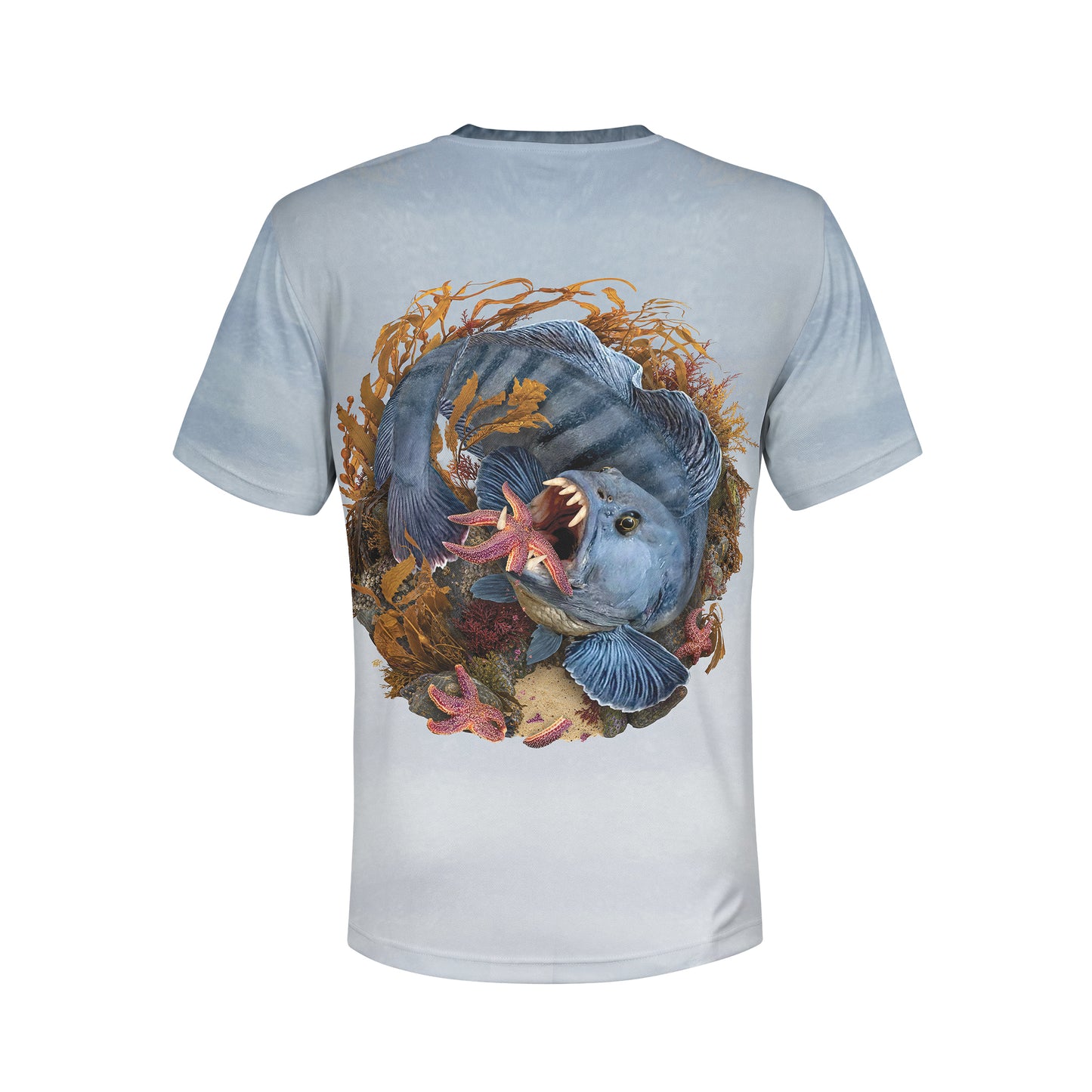 Atlantic Striped Wolf Fish - Unisex Long Sleeve Sun Proof Performance Fishing Top with built in Hoodie and Gaiter (short sleeve option also available)