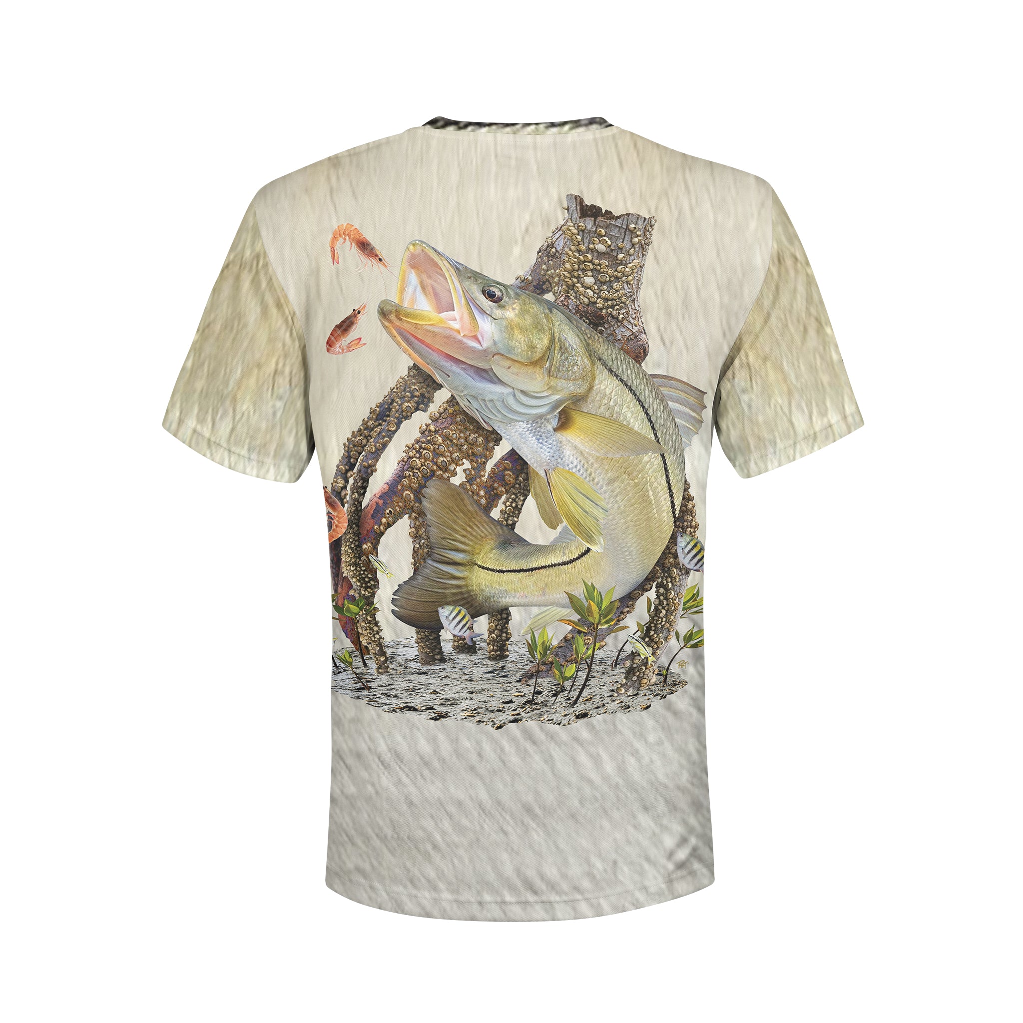 Snook and Pink Shrimp - Unisex Long Sleeve Sun Proof Performance Fishing Top with built in Hoodie and Gaiter (short sleeve option also available)