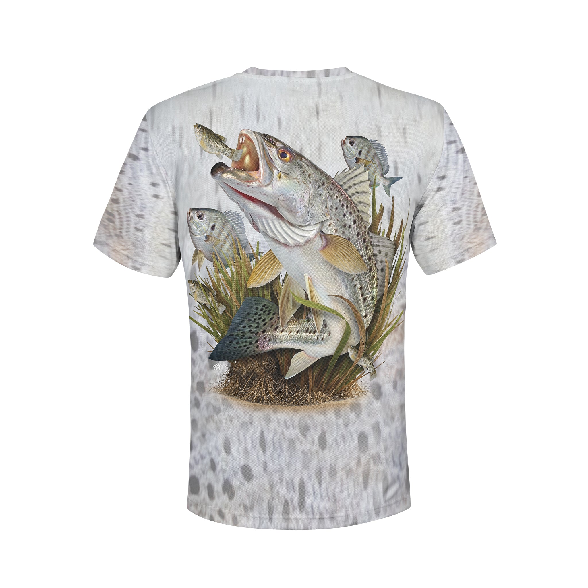 Speckled Sea Trout - Unisex Long Sleeve Sun Proof Performance Fishing Top with built in Hoodie and Gaiter (short sleeve option also available)