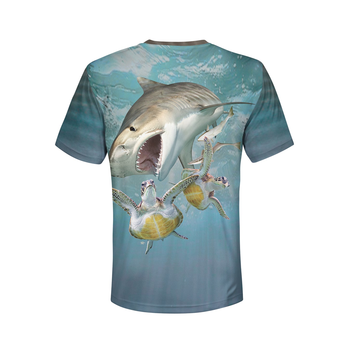Tiger Shark and Sea Turtles - Unisex Long Sleeve Sun Proof Performance Fishing Top with built in Hoodie and Gaiter (short sleeve option also available)