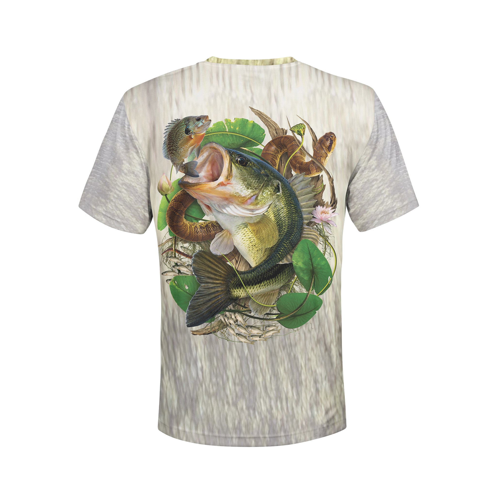 Bass and Water Snake - Unisex Long Sleeve Sun Proof Performance Fishing Top with built in Hoodie and Gaiter (short sleeve option also available)