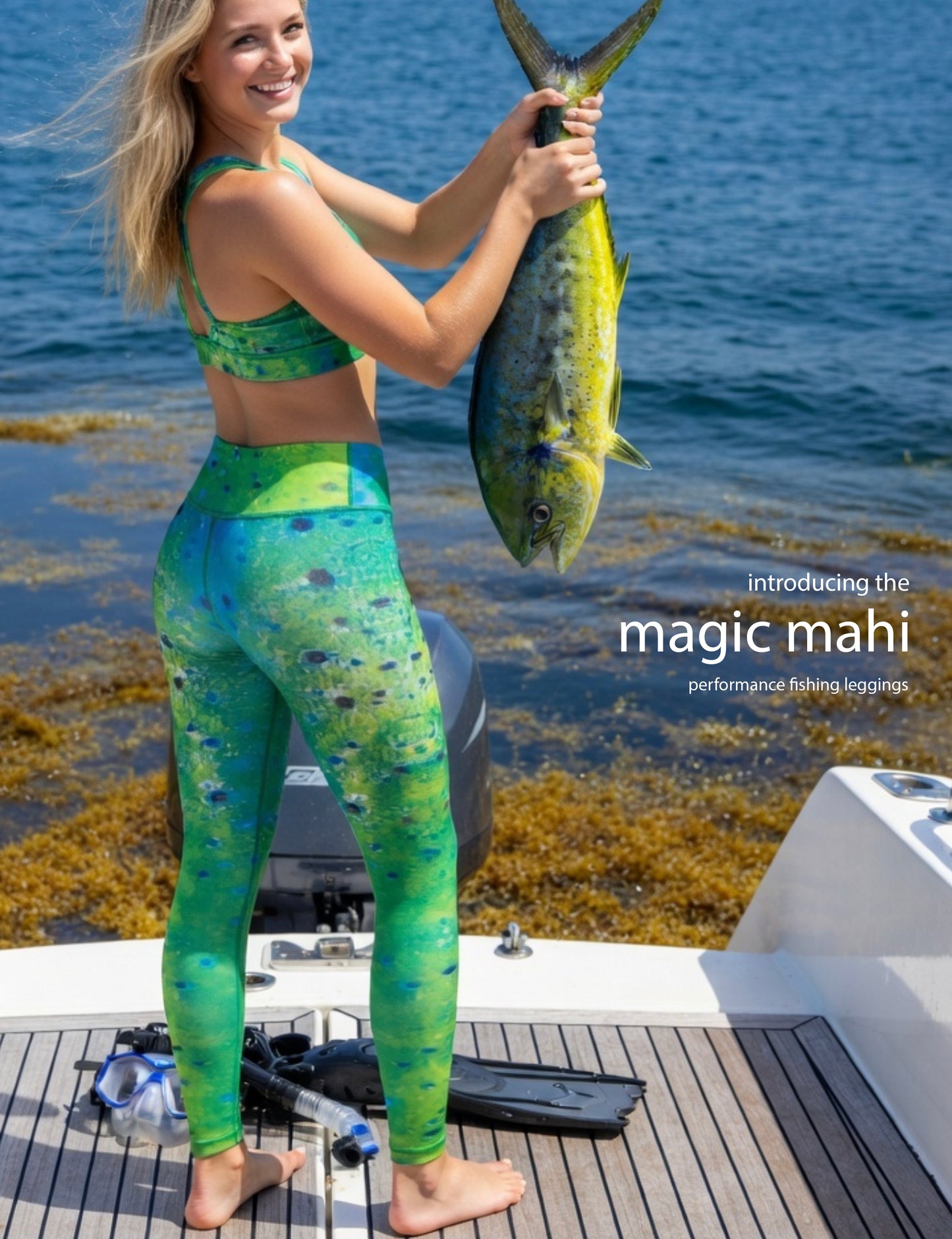 Magic Mahi - Women's Custom Sport Fishing Leggings featuring Crossfit Design, Double Stitch Seams, Cell/Tool Pocket MADE IN USA.
