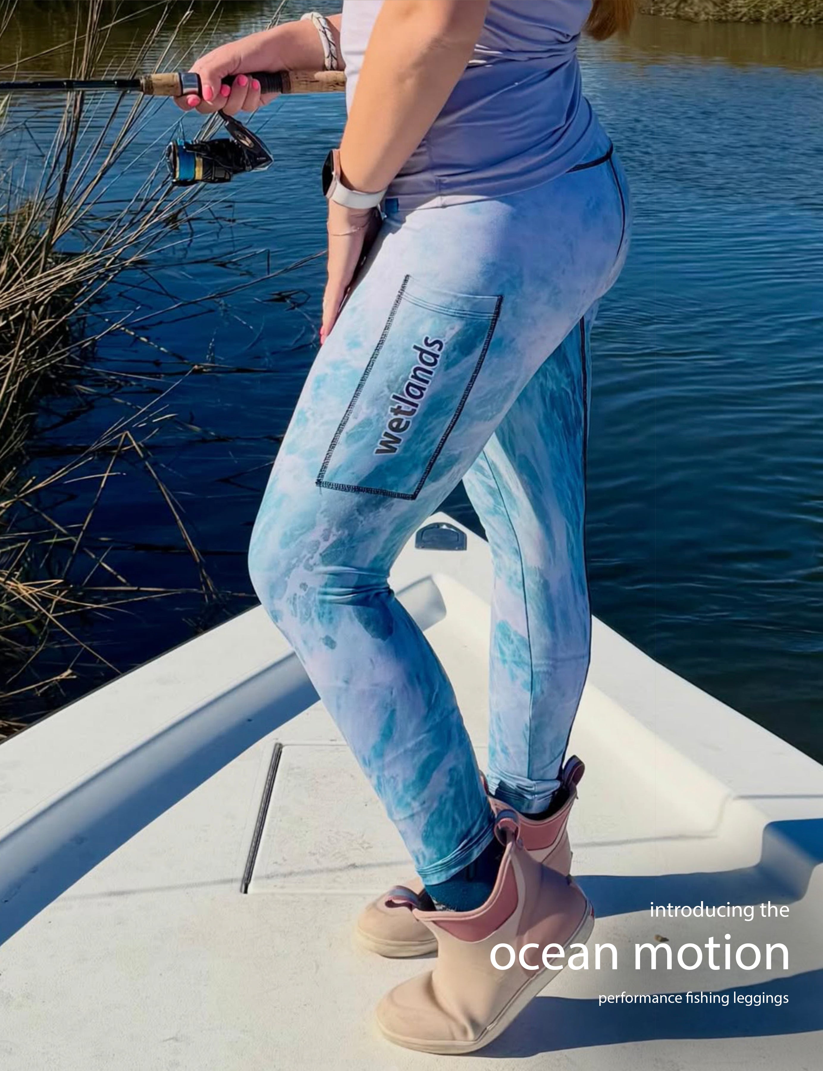 Ocean Motion - Women's Custom Sport Fishing Leggings featuring Crossfit Design, Double Stitch Seams, Cell/Tool Pocket MADE IN USA.