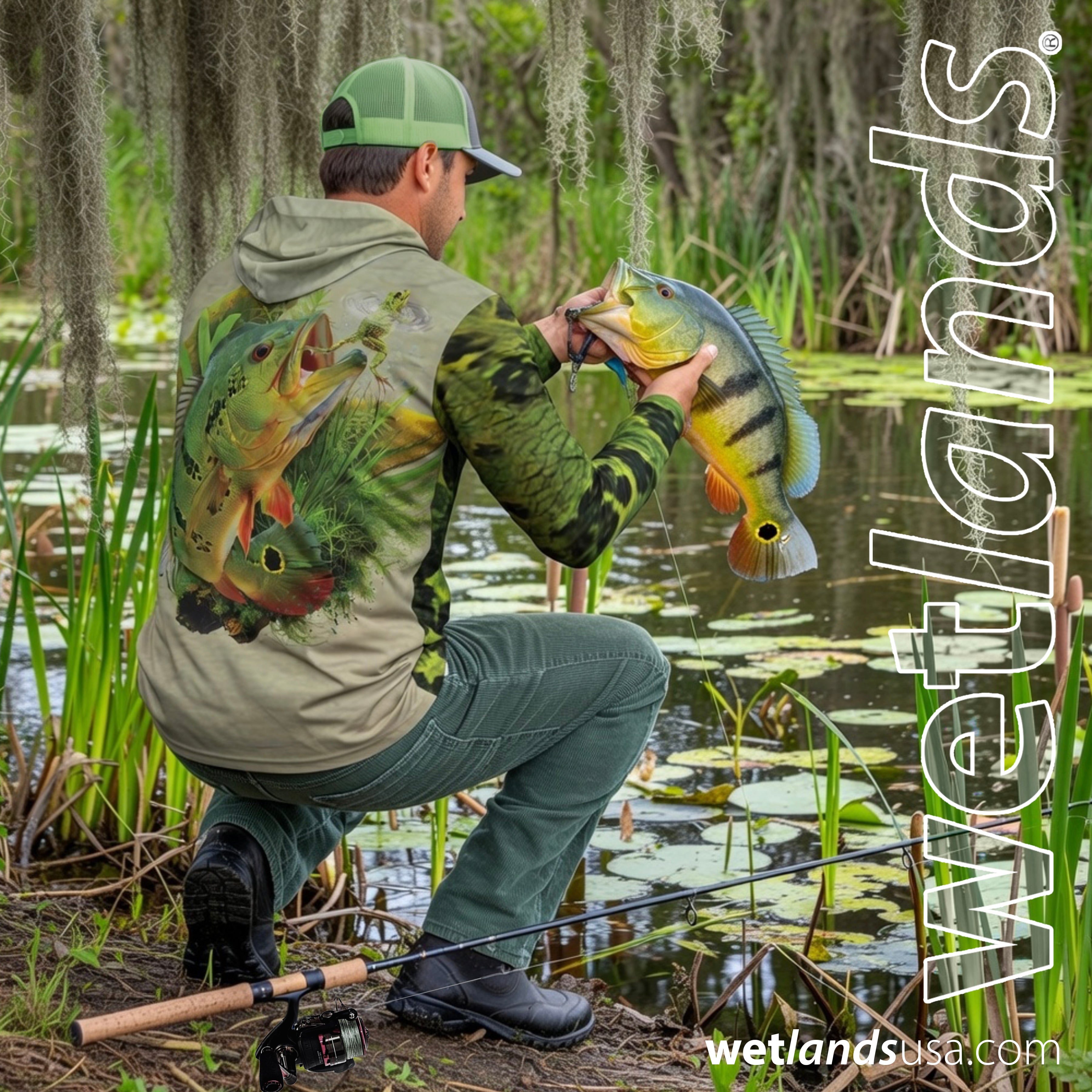 Peacock and Water Frog - Unisex Long Sleeve Sun Proof Performance Fishing Top with built in Hoodie and Gaiter (short sleeve option also available)