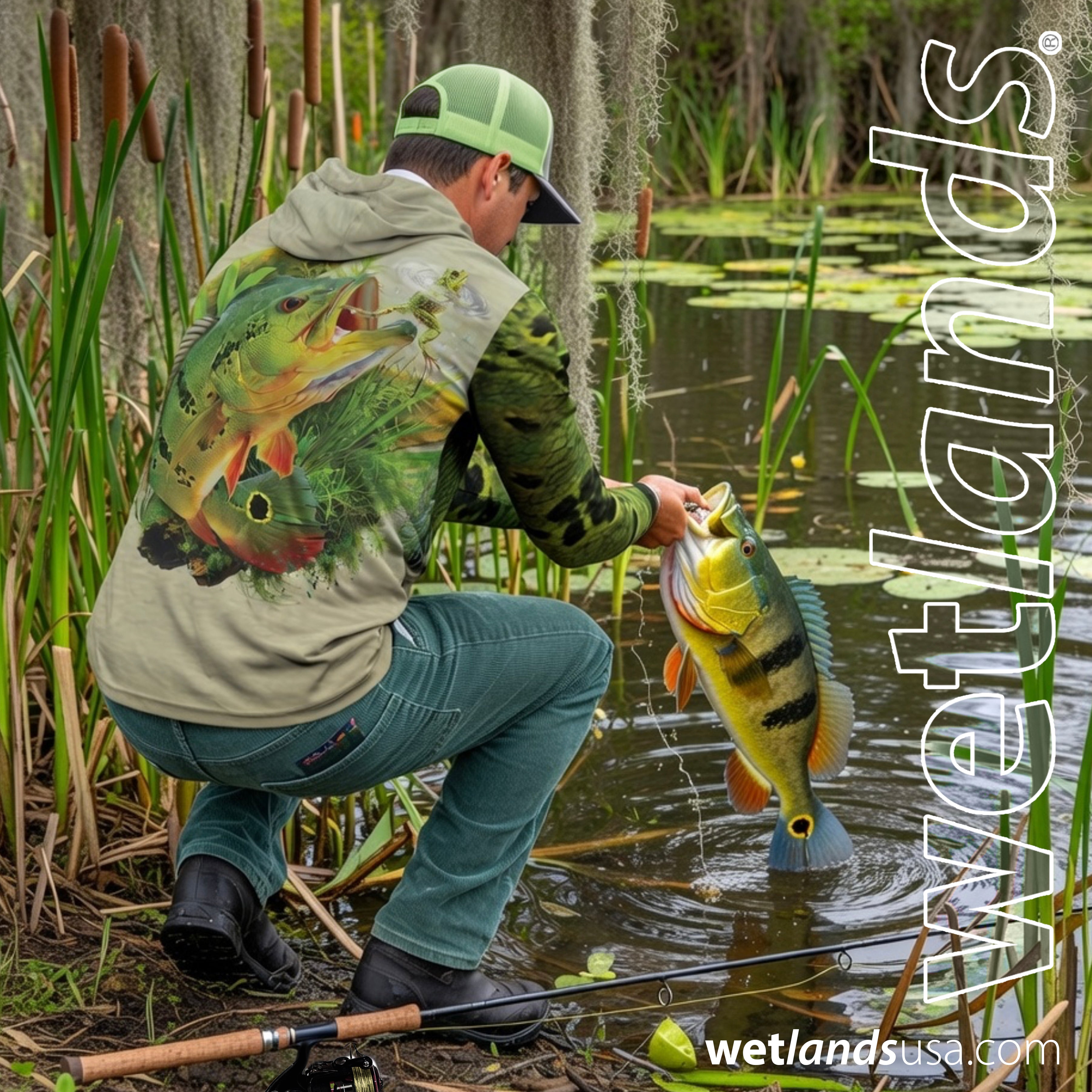 Peacock and Water Frog - Unisex Long Sleeve Sun Proof Performance Fishing Top with built in Hoodie and Gaiter (short sleeve option also available)