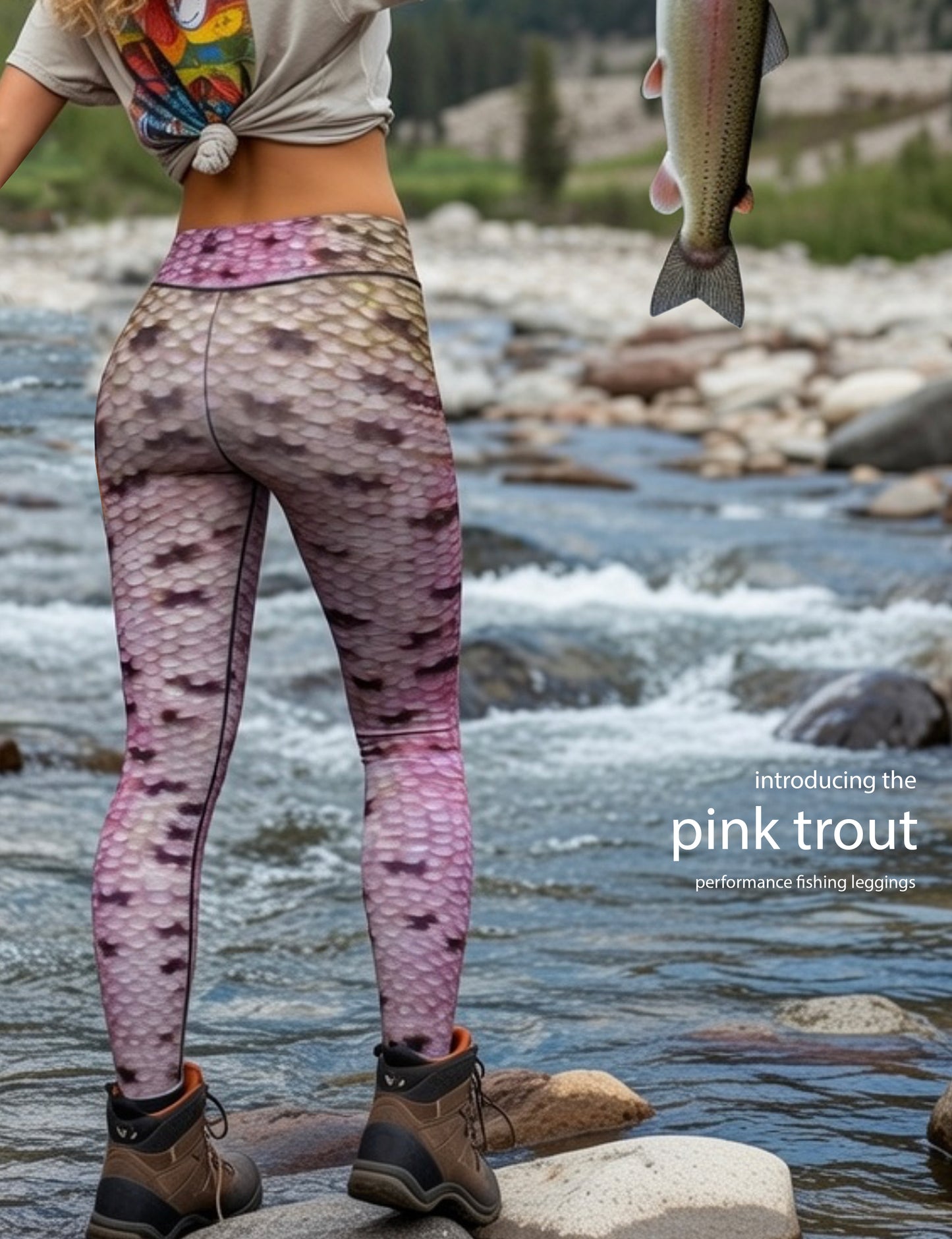 Pink Trout - Women's Custom Sport Fishing Leggings featuring Crossfit Design, Double Stitch Seams, Cell/Tool Pocket MADE IN USA.