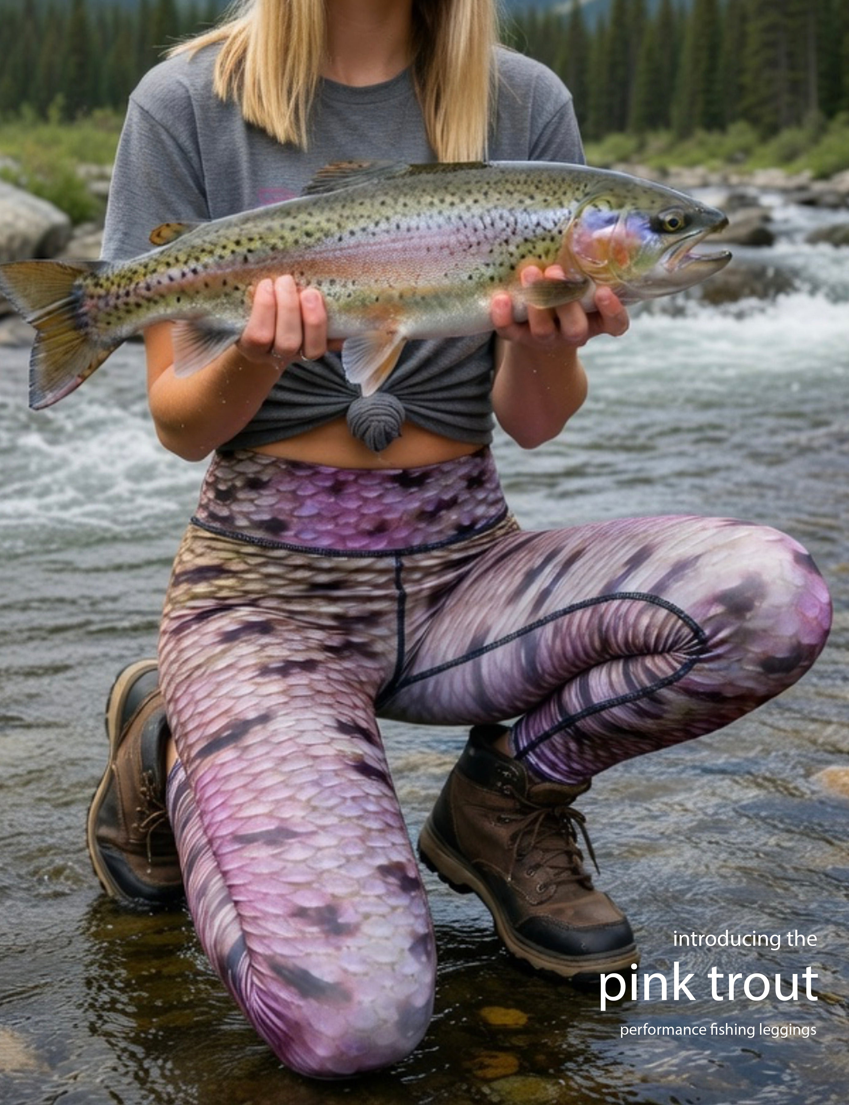 Pink Trout - Women's Custom Sport Fishing Leggings featuring Crossfit Design, Double Stitch Seams, Cell/Tool Pocket MADE IN USA.