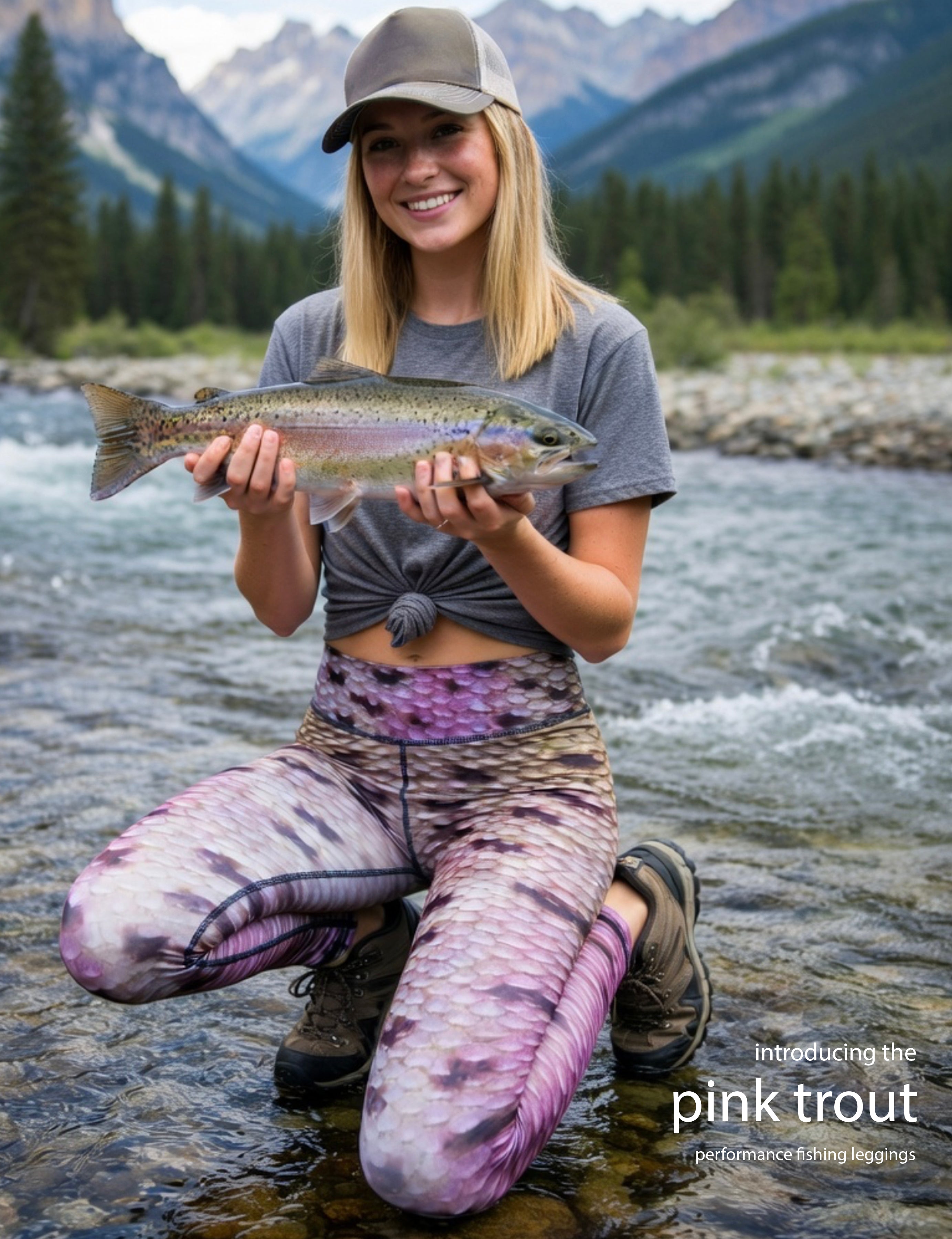 Pink Trout - Women's Custom Sport Fishing Leggings featuring Crossfit Design, Double Stitch Seams, Cell/Tool Pocket MADE IN USA.