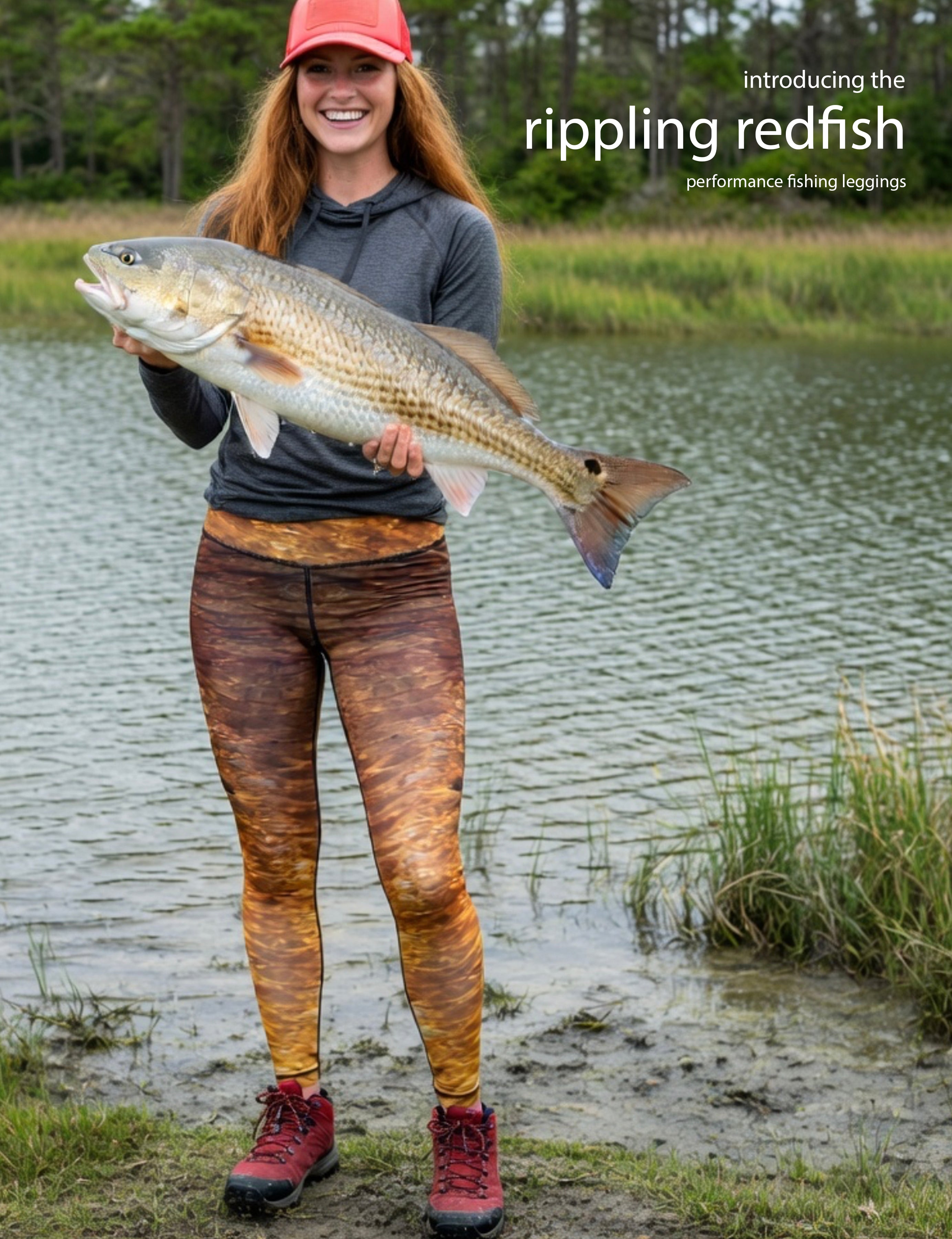 Rippling Redfish - Women's Custom Sport Fishing Leggings featuring Crossfit Design, Double Stitch Seams, Cell/Tool Pocket MADE IN USA.
