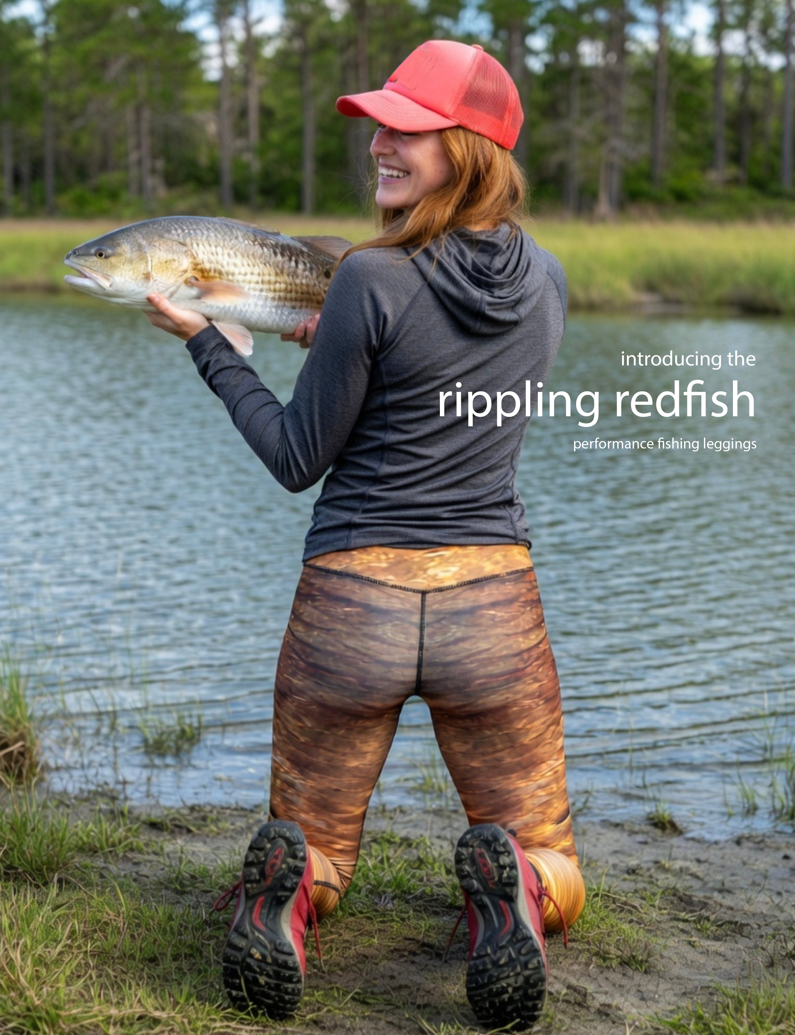 Rippling Redfish - Women's Custom Sport Fishing Leggings featuring Crossfit Design, Double Stitch Seams, Cell/Tool Pocket MADE IN USA.
