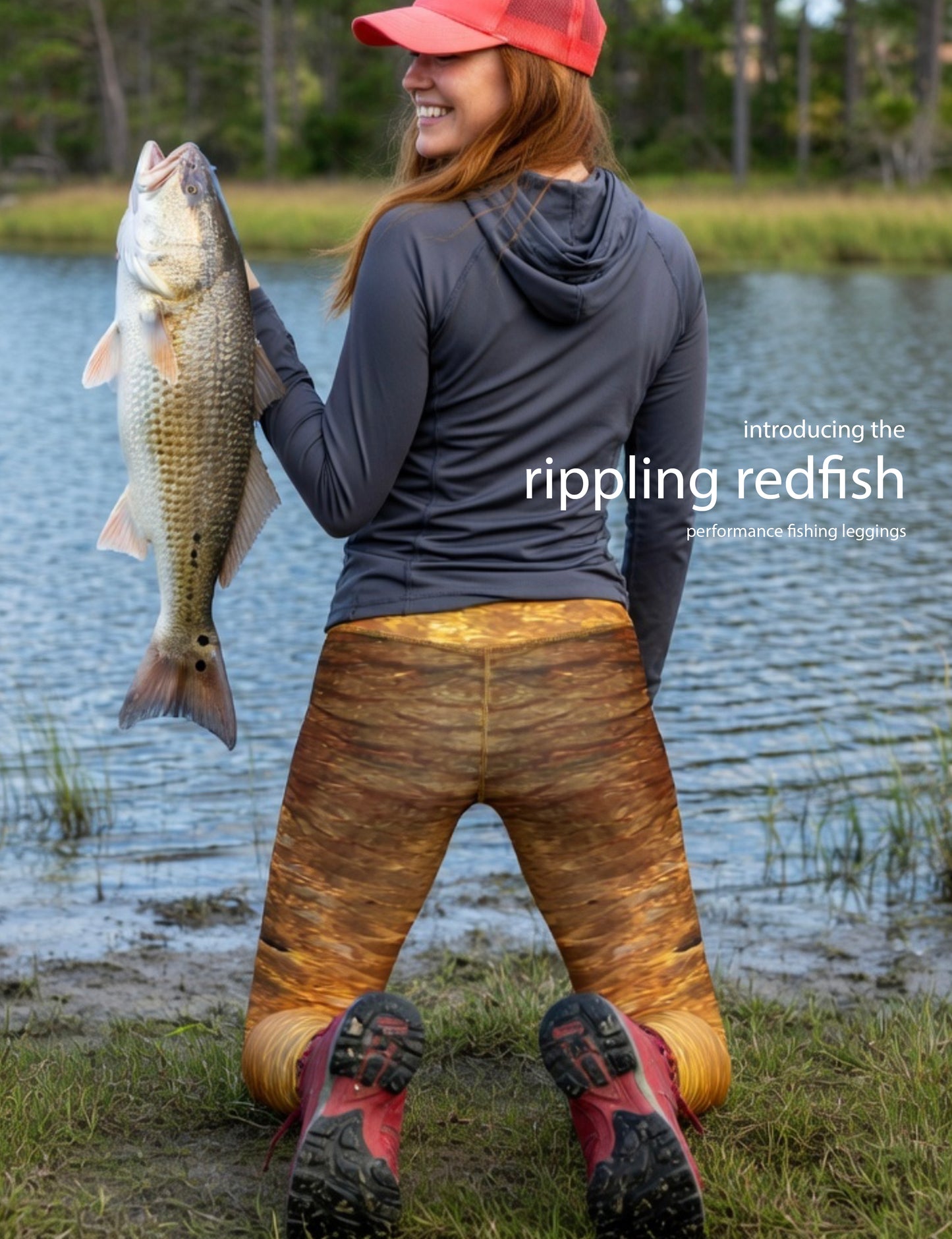 Rippling Redfish - Women's Custom Sport Fishing Leggings featuring Crossfit Design, Double Stitch Seams, Cell/Tool Pocket MADE IN USA.