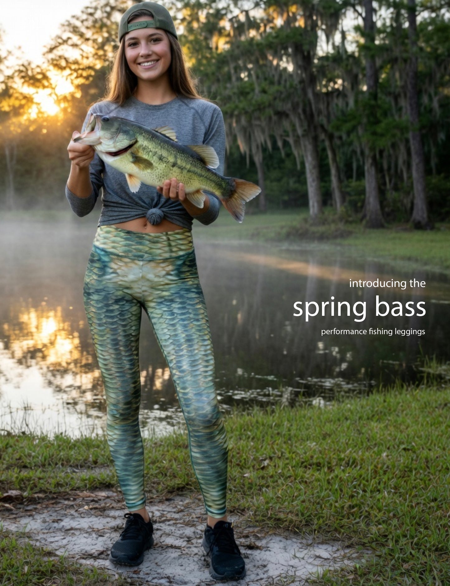 Spring Bass - Women's Custom Sport Fishing Leggings featuring Crossfit Design, Double Stitch Seams, Cell/Tool Pocket MADE IN USA.