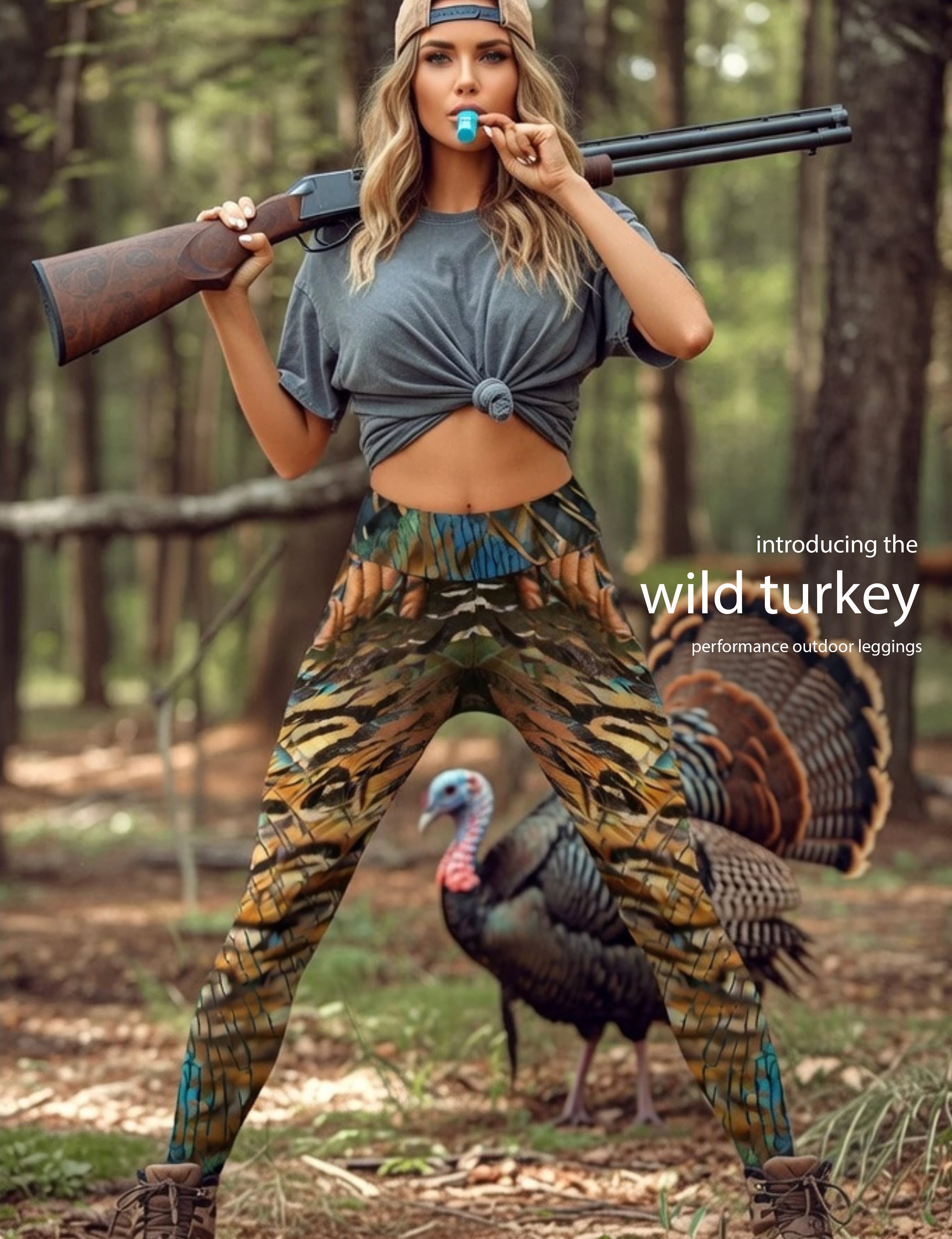 Wild Turkey - Women's Custom Sport Hunting Leggings featuring Crossfit Design, Double Stitch Seams, Cell/Tool Pocket MADE IN USA.