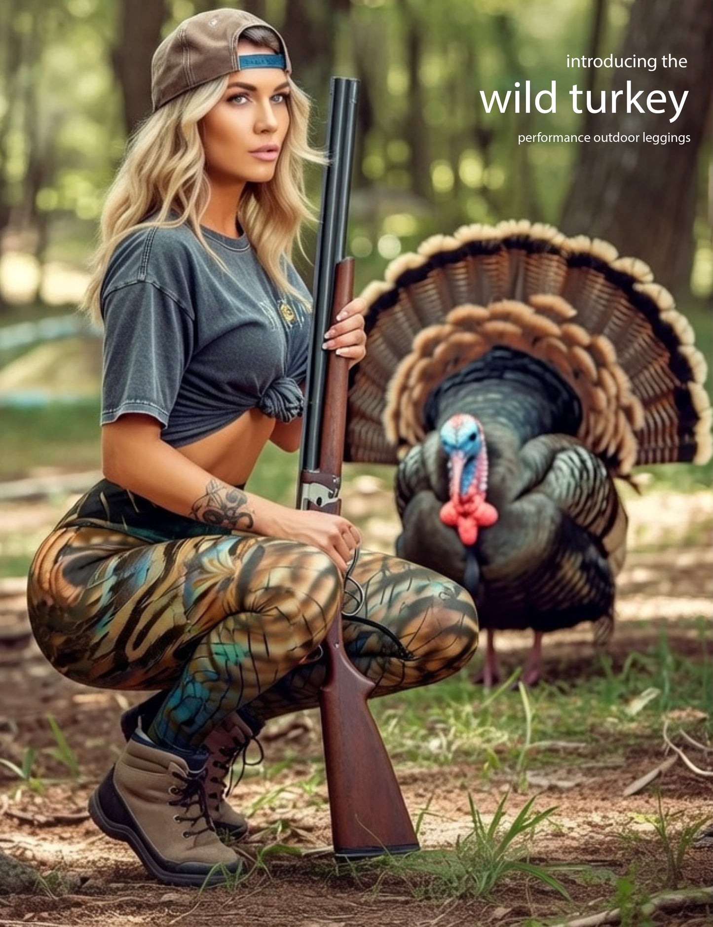 Wild Turkey - Women's Custom Sport Hunting Leggings featuring Crossfit Design, Double Stitch Seams, Cell/Tool Pocket MADE IN USA.