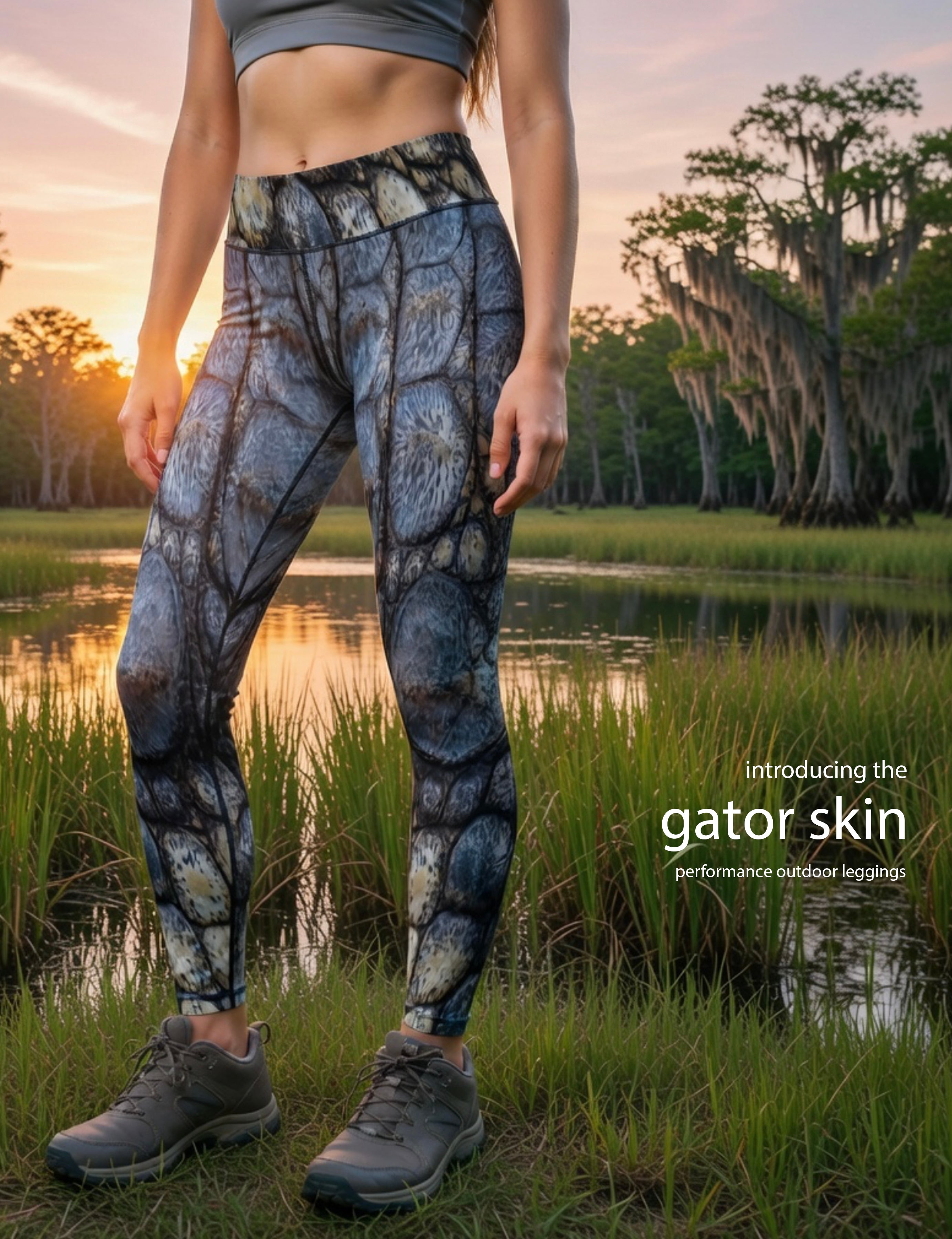 Gator Skin - Women's Custom Sport Fishing Leggings featuring Crossfit Design, Double Stitch Seams, Cell/Tool Pocket MADE IN USA.