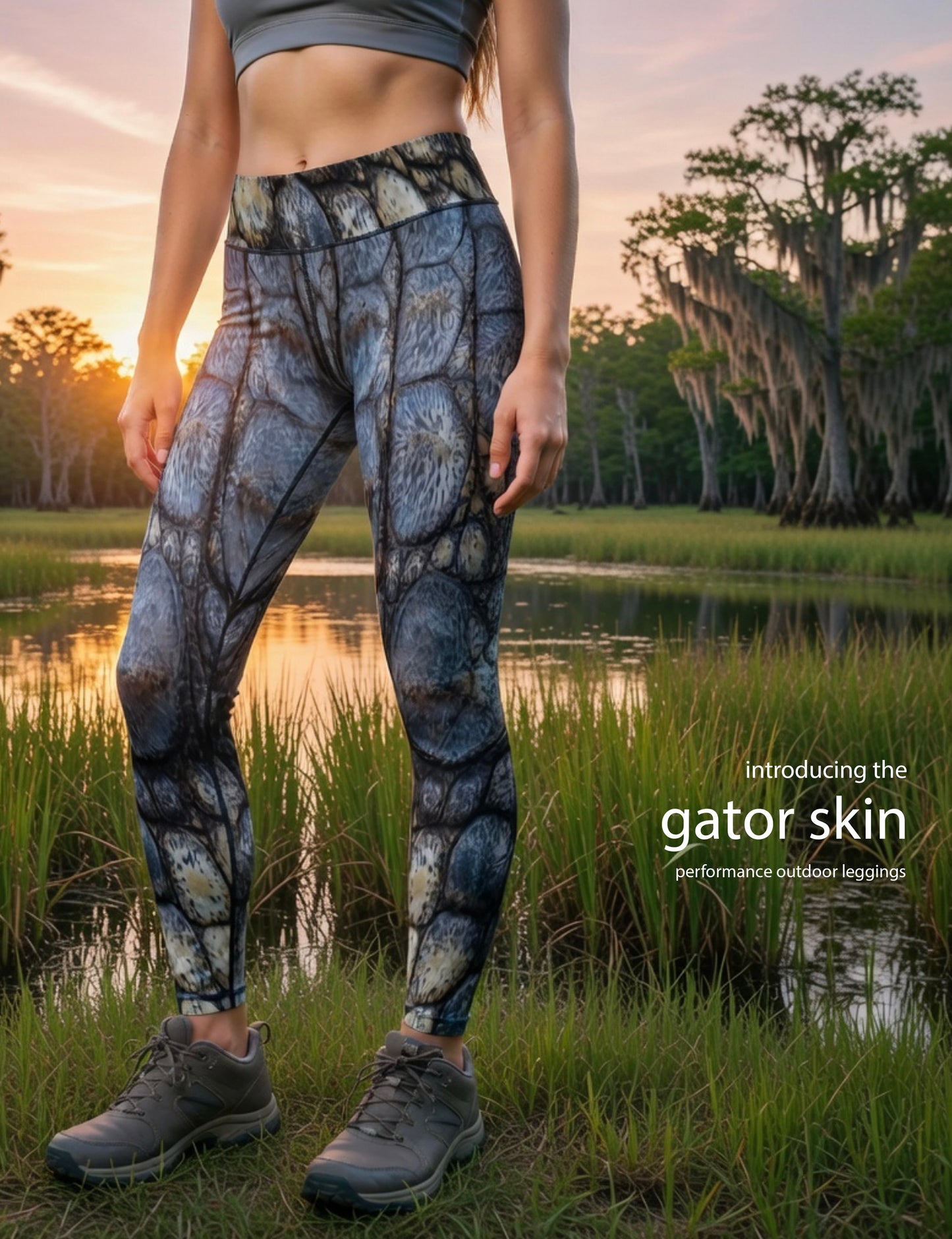 Gator Skin - Women's Custom Sport Fishing Leggings featuring Crossfit Design, Double Stitch Seams, Cell/Tool Pocket MADE IN USA.